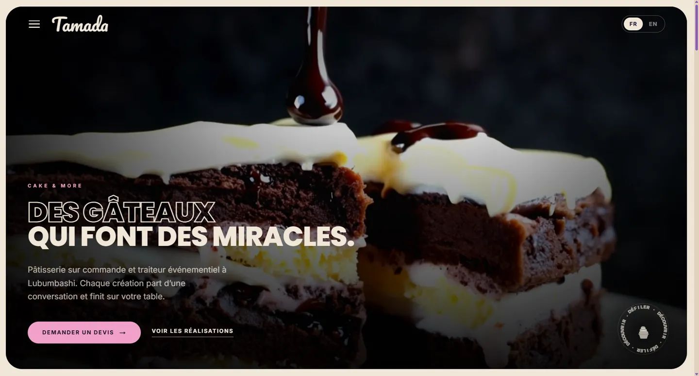 Page d’accueil du site Tamada : une part de gâteau au chocolat et le titre « Des gâteaux qui font des miracles ».